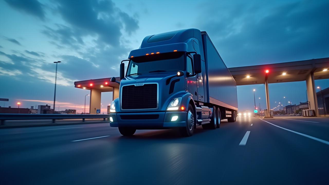 BlueWave logistics truck moving through a modern, efficient terminal at the US-Mexico border